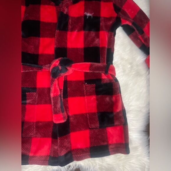 Victoria's Secret Pink Bling Plaid Fleece Hooded Robe Red/Black/Silver Dog XS - Picture 3 of 10